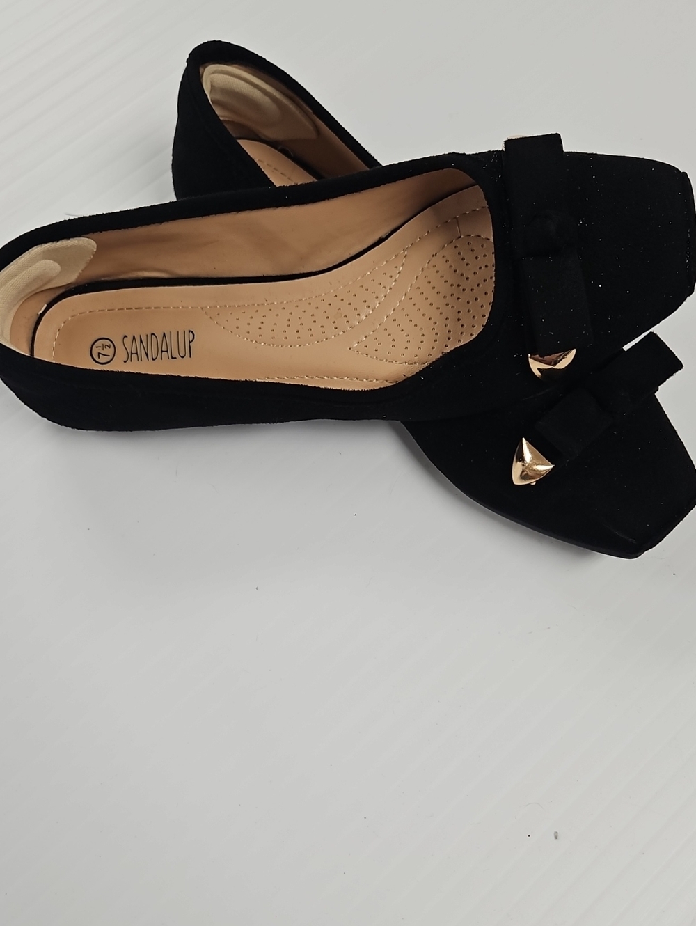 Sandalup Black Suede Flat Loafers with Bow and Gold Accent